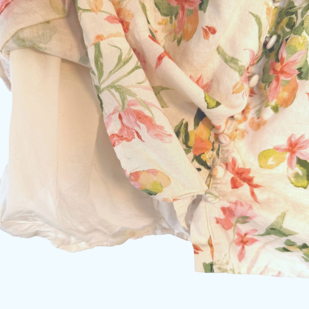 H&M Linen Blend Floral Citrus Puff Sleeve Button Front Mini Dress Cream XL - Picture 11 of 13